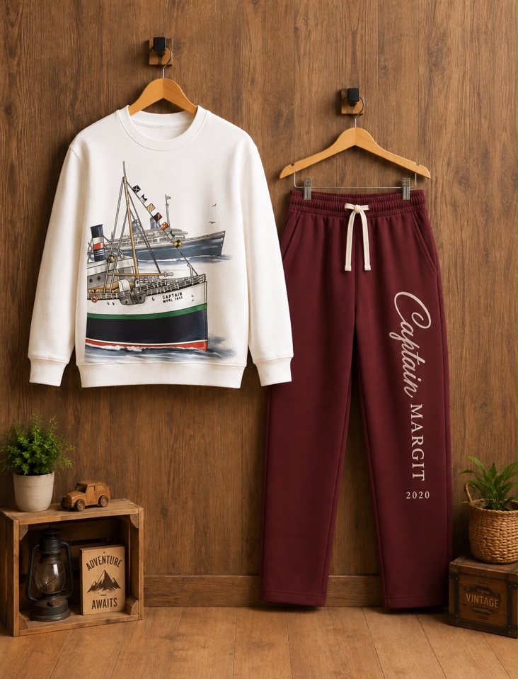 White ship sweatshirt and maroon track pants
