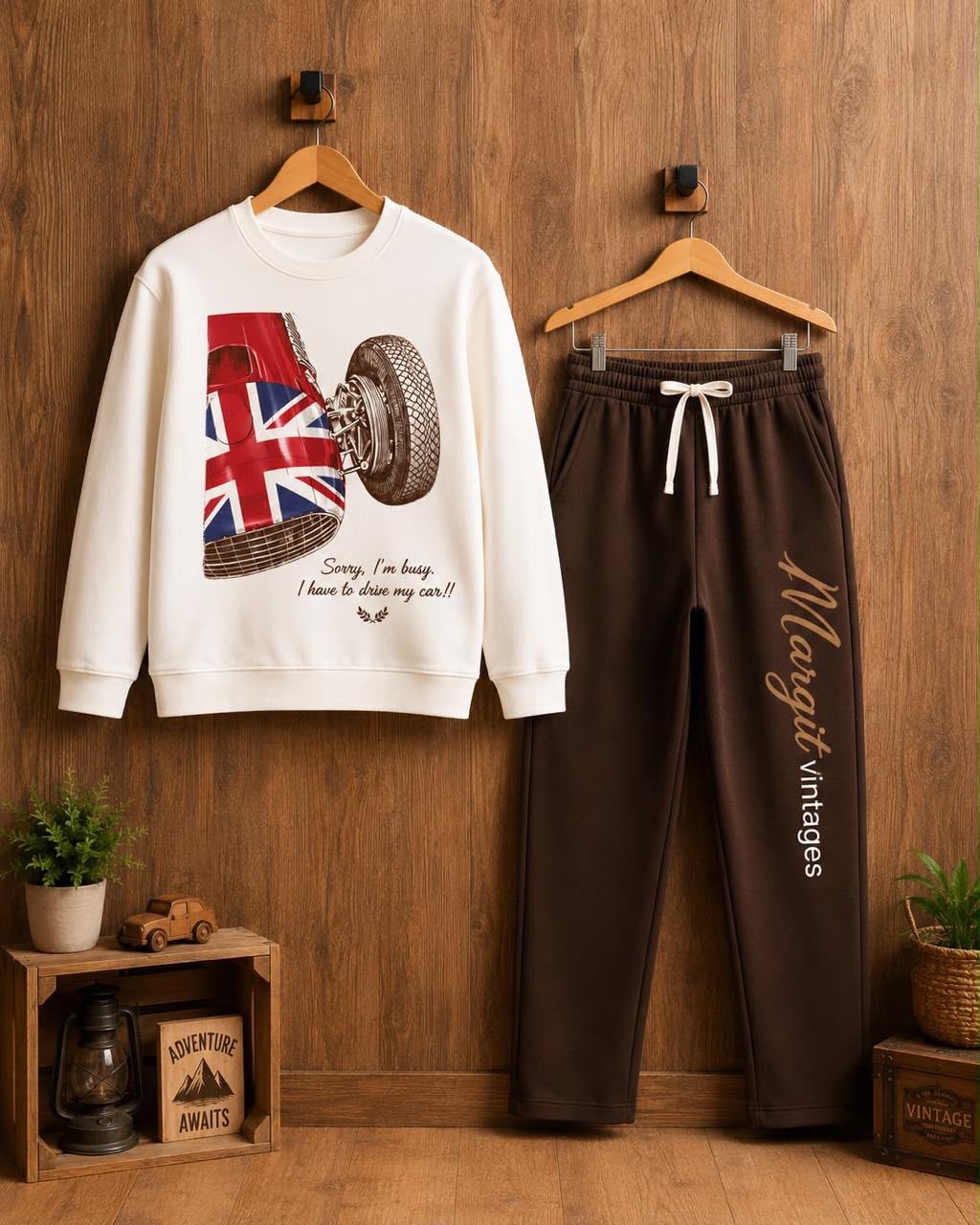 Cream racing-car sweatshirt and brown track pants