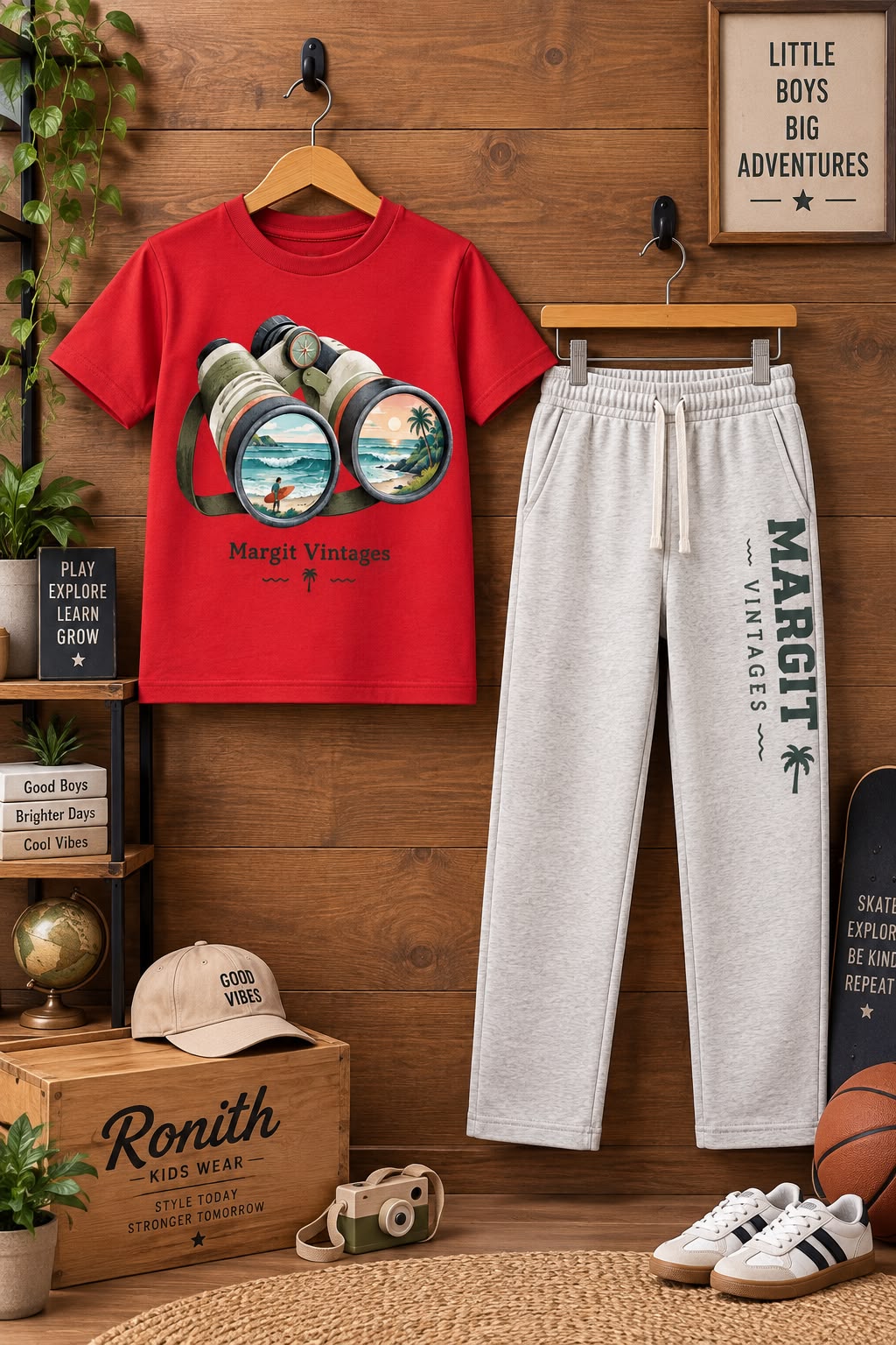Red explorer T-shirt and grey track pants