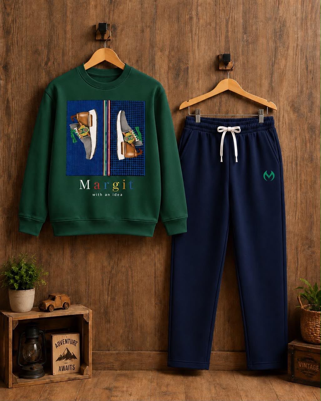 Green Margit sweatshirt and navy track pants