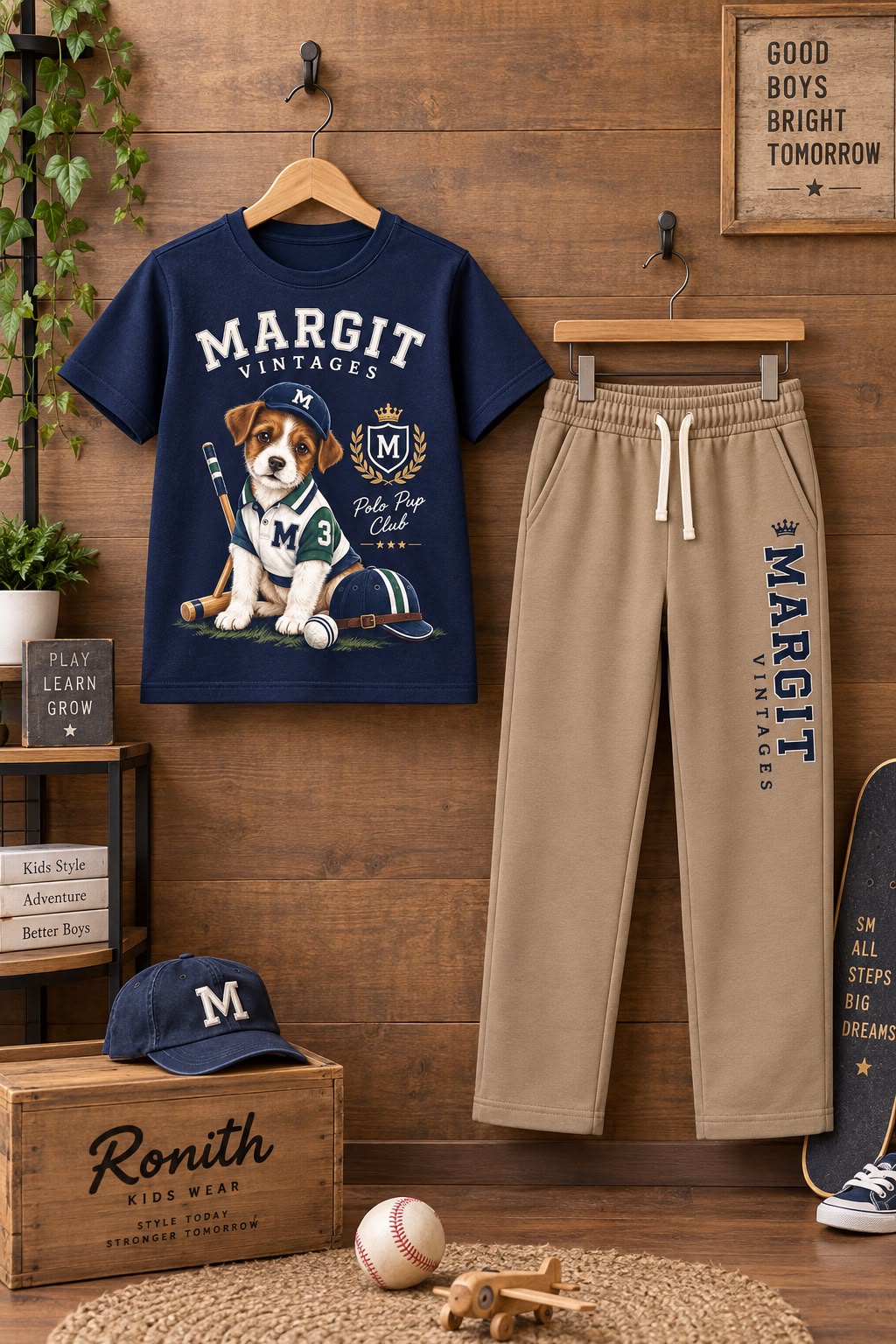 Navy Margit Vintages T-shirt and beige track pants