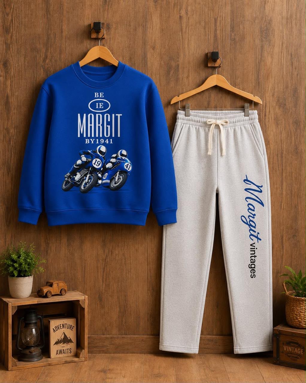 Blue motorcycle sweatshirt and grey track pants