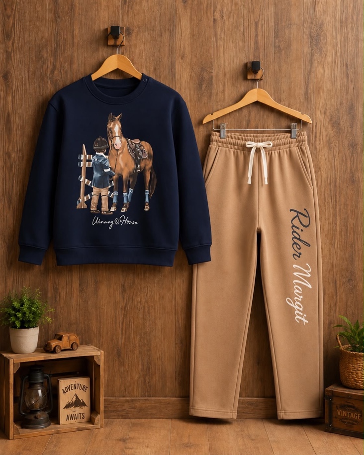 Navy horse sweatshirt and tan track pants