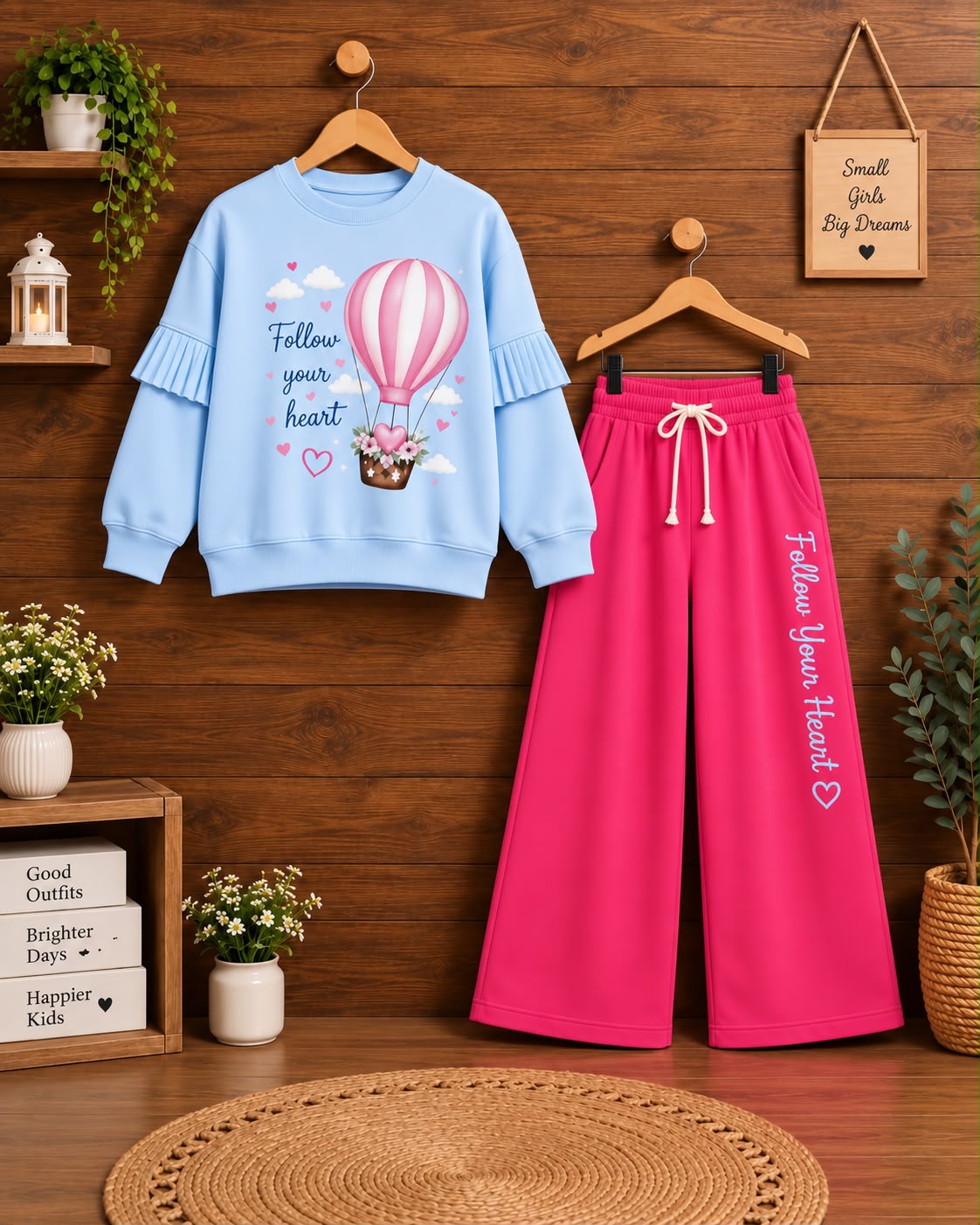 Light blue balloon sweatshirt and pink pants