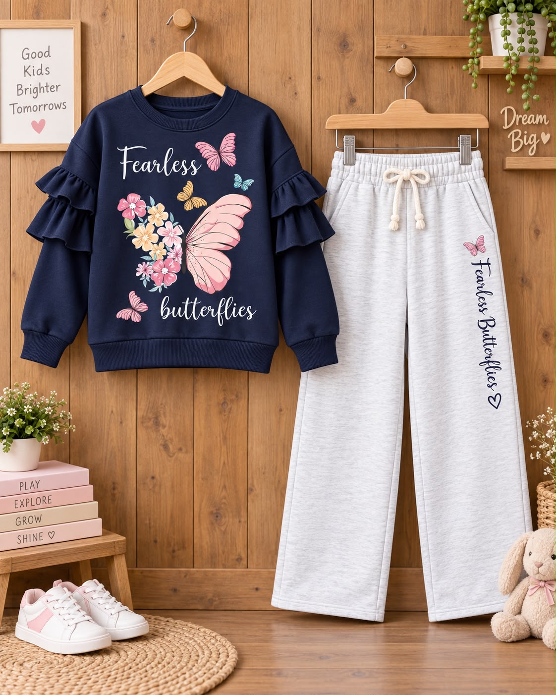 Navy girls’ sweatshirt with butterflies and grey wide-leg pants.