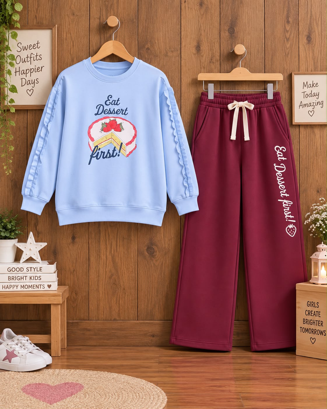 Light blue dessert sweatshirt and burgundy pants