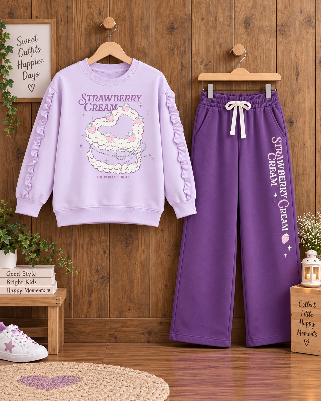 Lilac strawberry sweatshirt and purple pants