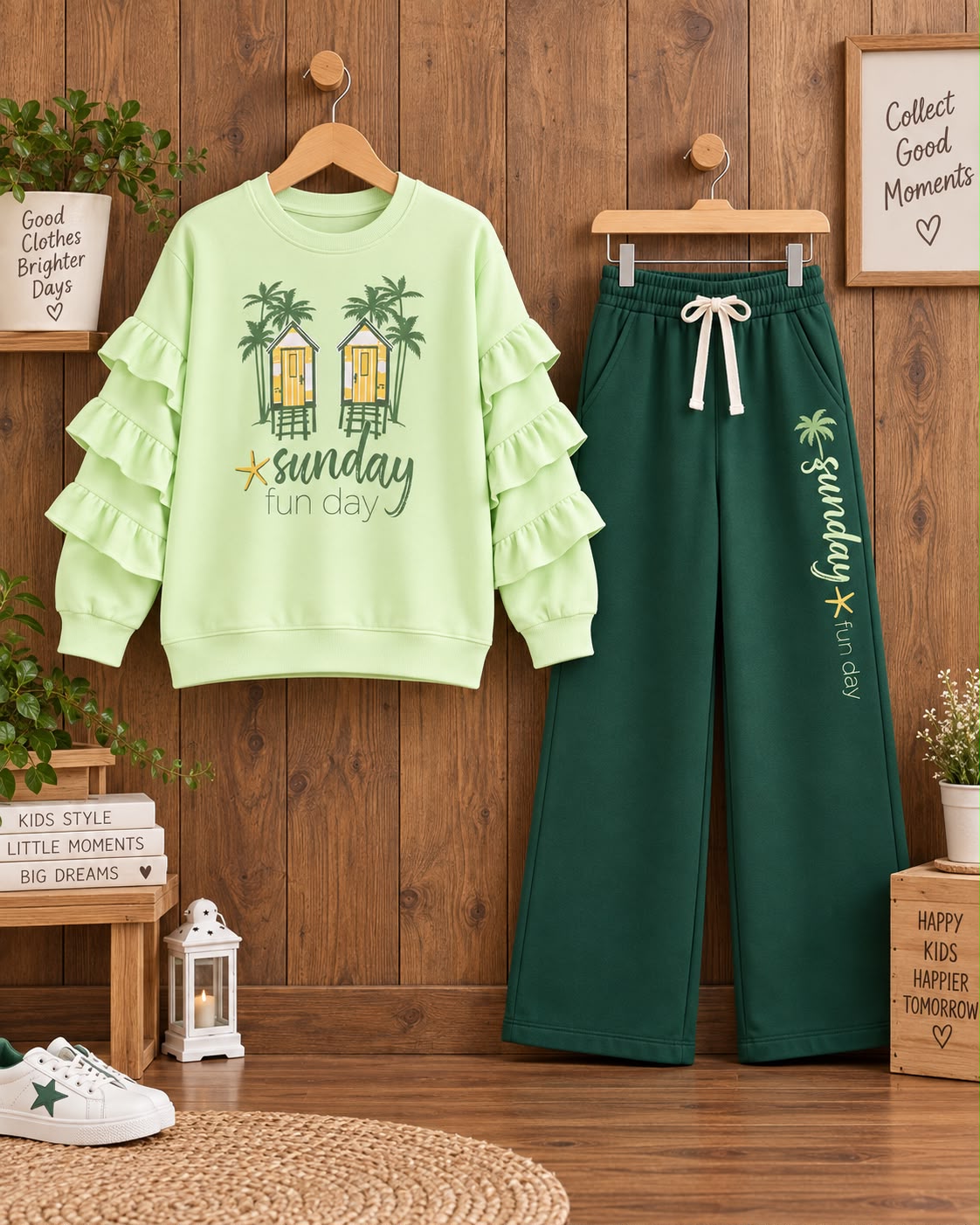 Mint sweatshirt and forest green pants