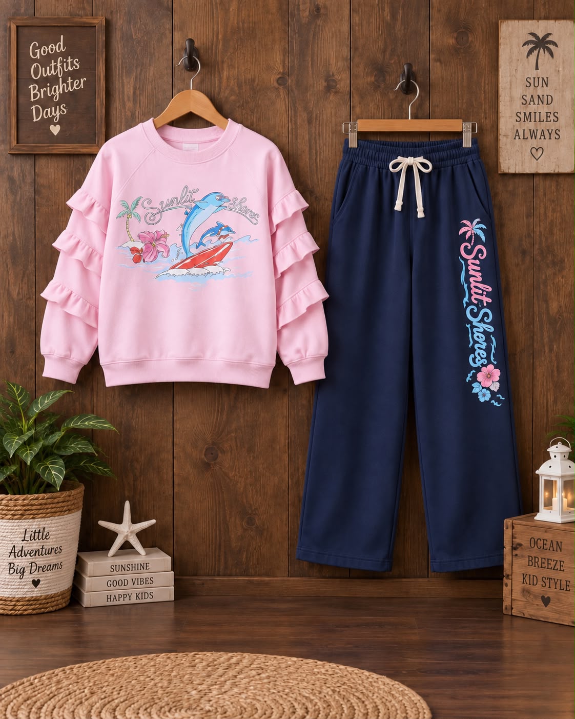 Pink dolphin sweatshirt and navy pants