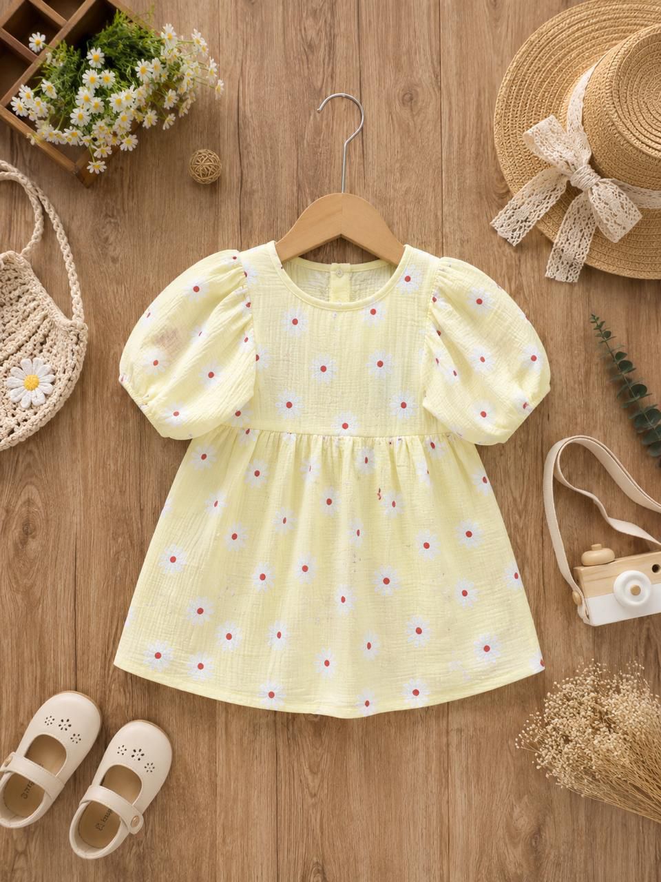 Yellow muslin baby dress with a daisy print.