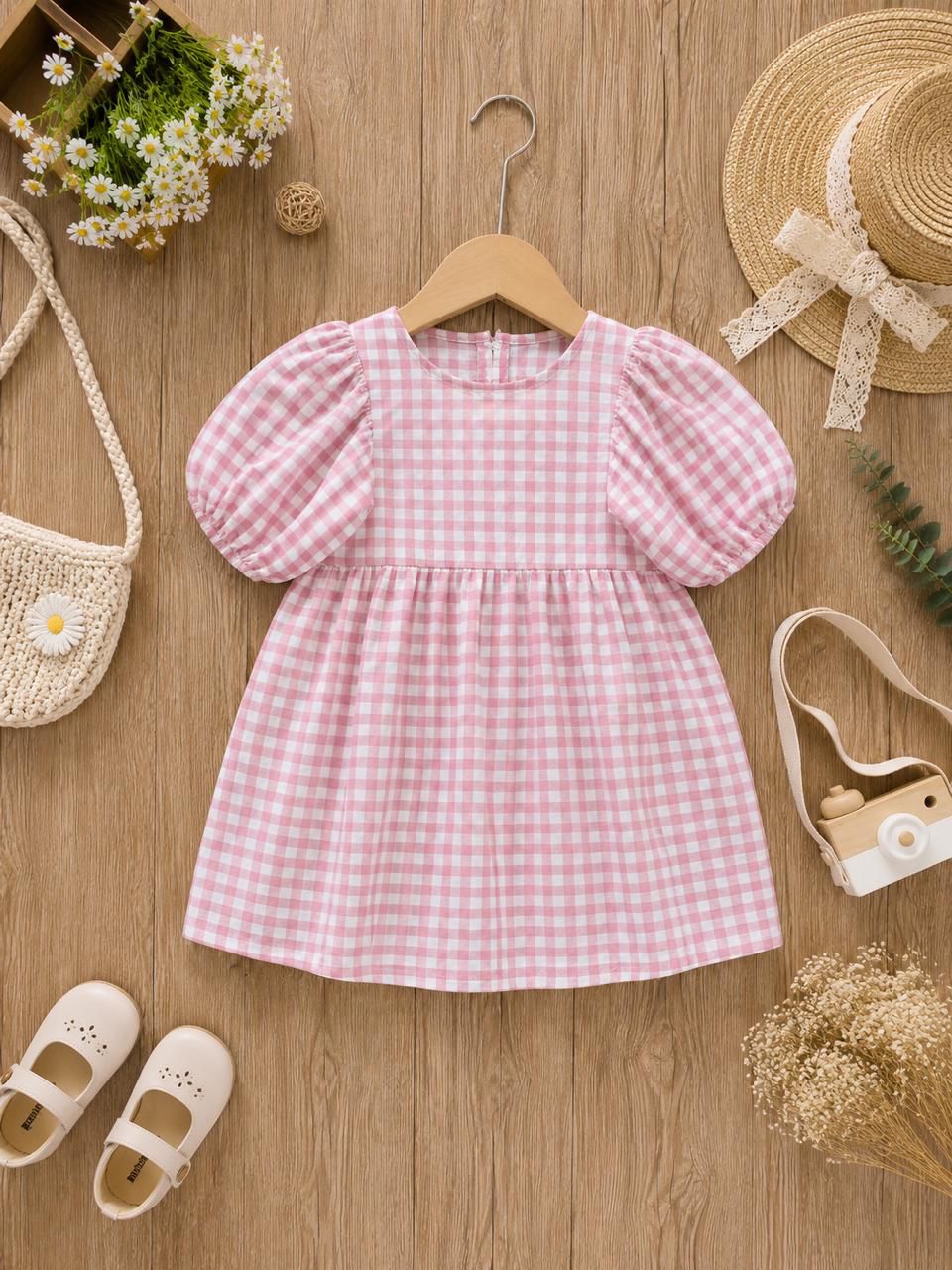 Pink gingham muslin baby dress