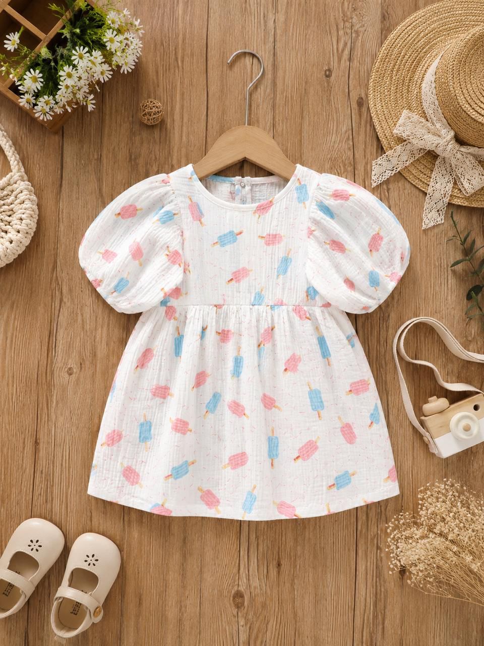 White muslin dress with a popsicle print